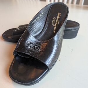 Vintage Salvatore Ferragamo Black Leather Wedge Slides - Size 9.5
